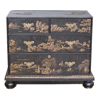 Baker Chinoiserie Black Lacquered Chest of Drawers W Hand Painted Gilt Designs For Sale