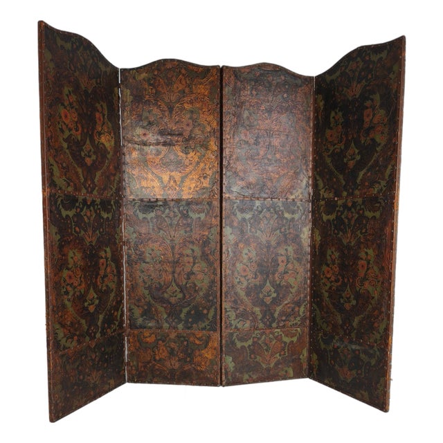 Belgian Embossed Leather Folding Screen For Sale