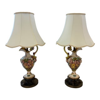 Mid 20th Century Pair of Italian Capodimonte Style Hand-Painted Figural Urn Table Lamps For Sale