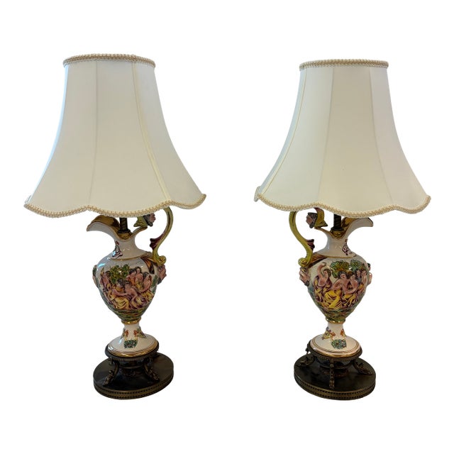 Mid 20th Century Pair of Italian Capodimonte Style Hand-Painted Figural Urn Table Lamps For Sale