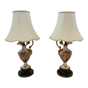 Mid 20th Century Pair of Italian Capodimonte Style Hand-Painted Figural Urn Table Lamps
