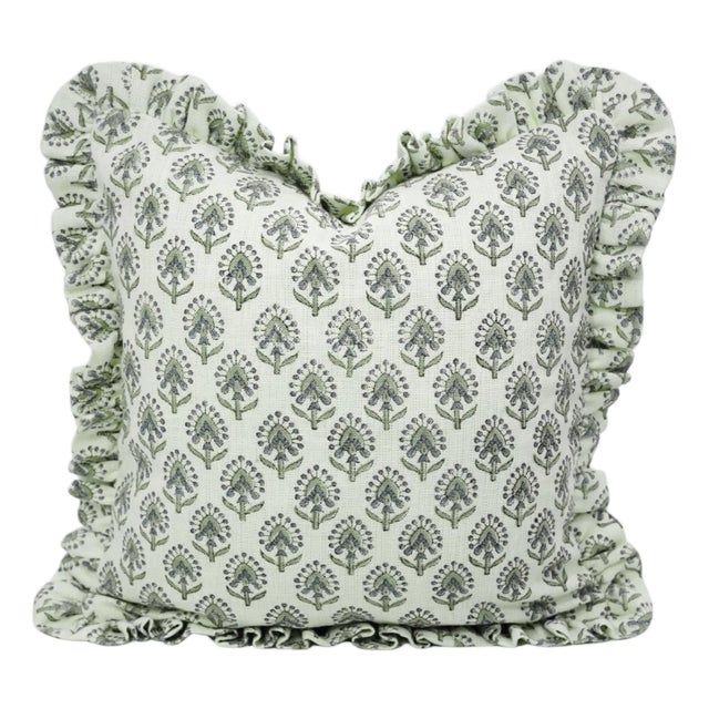 Block Print Boho Frill Pillow Cover Handmade Floral, Double-Sided 26x26 Inch- Gurukul For Sale