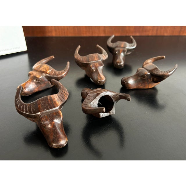 Vintage 1950's Water Buffalo / Bull Head Carved Wood Napkin Rings - Set of 6 For Sale In Providence - Image 6 of 9