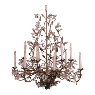 Early 20th Century French Iron and Crystal Floral Chandelier For Sale