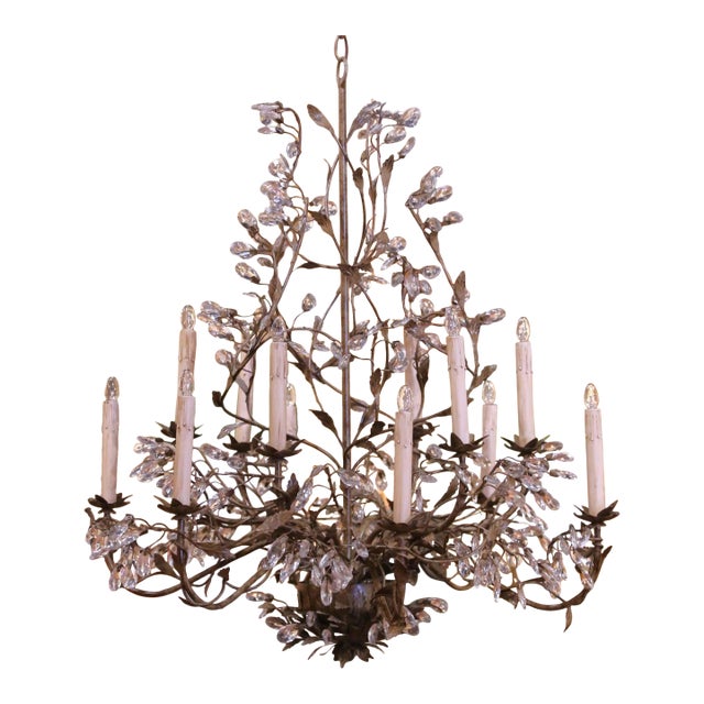 Early 20th Century French Iron and Crystal Floral Chandelier For Sale