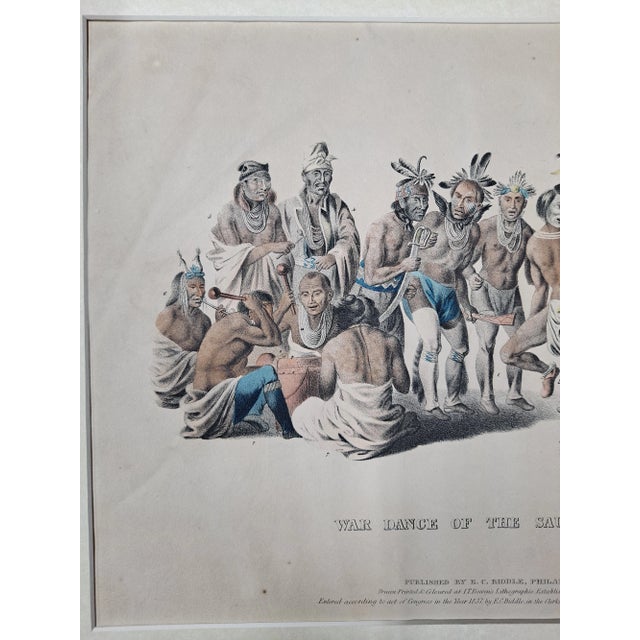 Printmaking Materials War Dance of the Sauks and Foxes Hand Colored Lithograph C.1837 For Sale - Image 7 of 9
