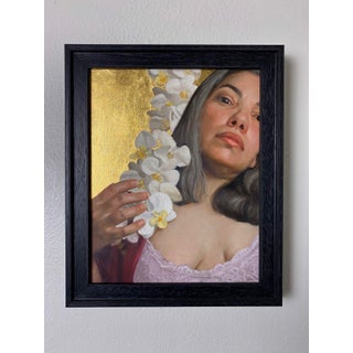 I Bloom, and Now Feel by Aixa Oliveras | Oil and 24kt gold leaf on panel Woman holding white orchids. For Sale