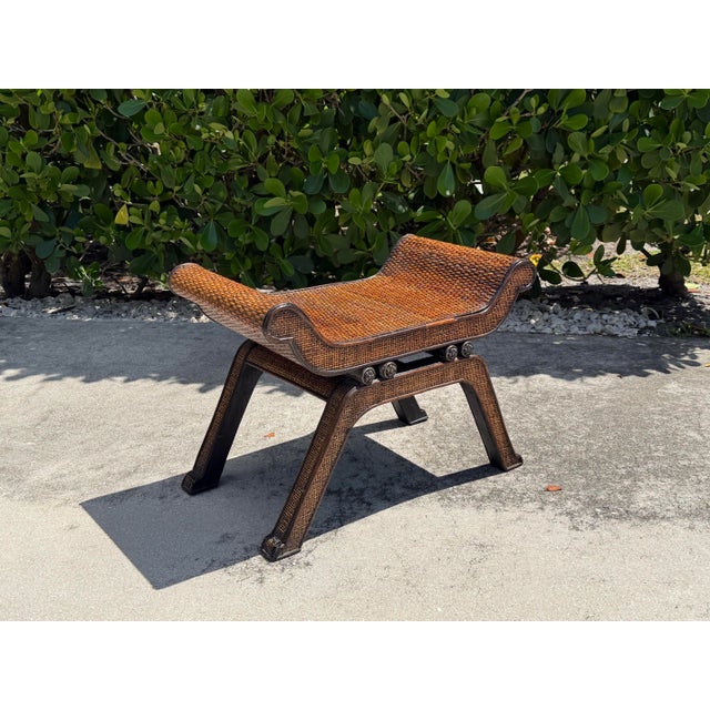 Wood Vintage Woven Rattan Scroll-Arm Footstool / Side Table For Sale - Image 7 of 11
