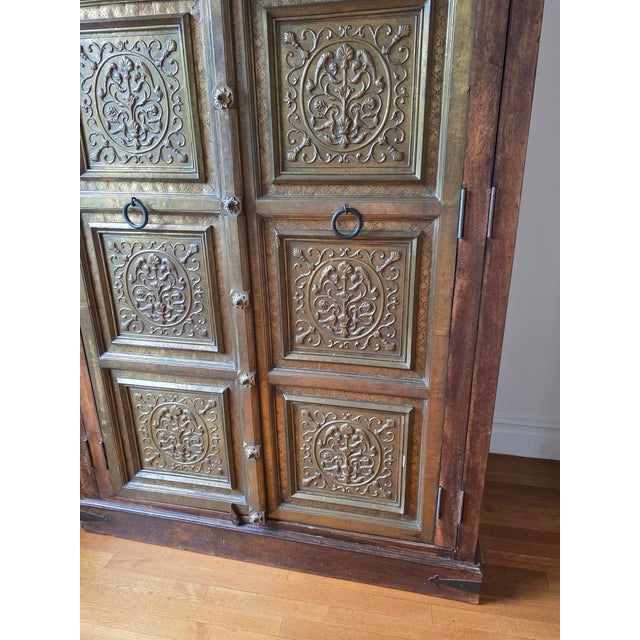 Rustic Haveli Brass Door Armoire Cabinet For Sale - Image 4 of 14