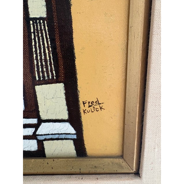 Striking mid-century architectural painting signed Fred Kulick, depicting an ornate San Francisco Victorian facade beneath...