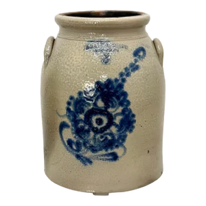 Beautiful Big 3 Gallon Antique American Fancy Blue Decorated Stoneware Storage Jar by Brady & Craft in Ellenville New York Circa 1880