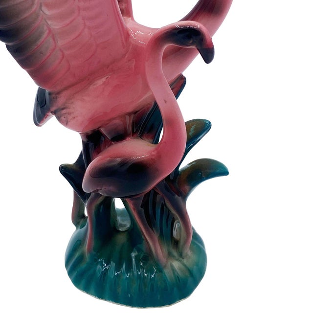 1950s 1950s Mid Century Modern Open Wing Mother & Child Pink Flamingo Ceramic Tabletop Statue by Leftons For Sale - Image 5 of 9