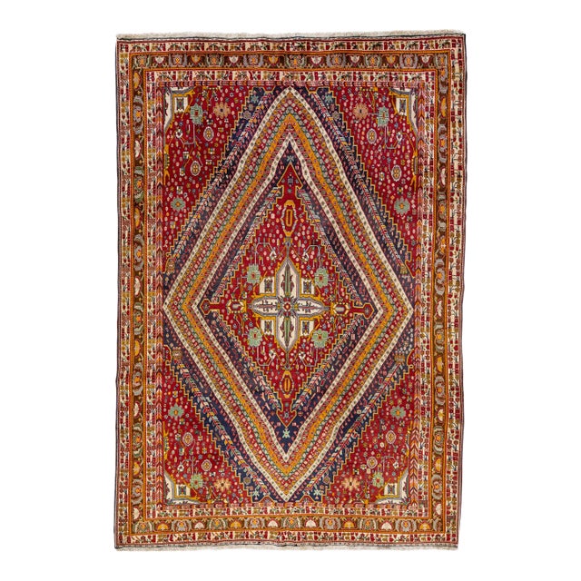 Vintage Handmade Shiraz Red Geometric Wool Rug 6'10" X 10'1" For Sale