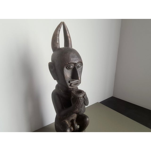 Vintage African Wooden Horned Figure Sculpture Tribal Art Hand Carved Wood Statue, 1970 For Sale - Image 6 of 9