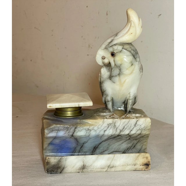1920s Antique Italian Carved Figural Alabaster Stone Cockatoo Bird Inkwell Sculpture For Sale - Image 5 of 16