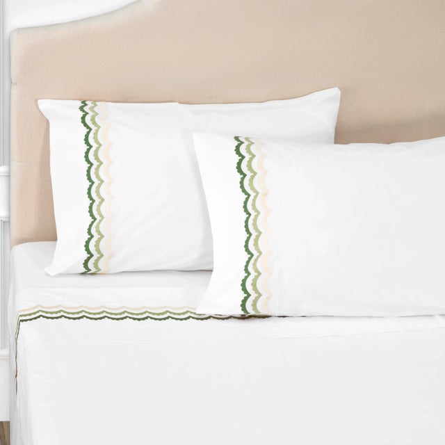 Contemporary Celerie Kemble + Hamburg House Green Scallop Cal. King Sheet Set - 4 Pieces For Sale - Image 3 of 4
