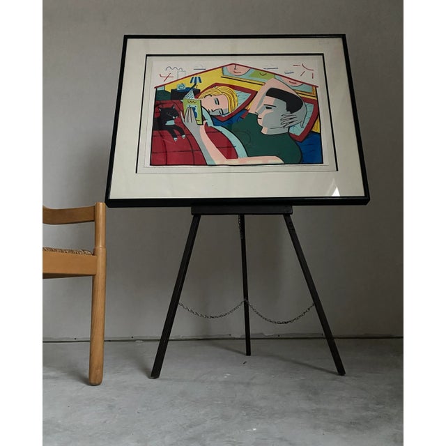 Wood Francois Boisrond "Couple Reading in Bed" Signed Large Lithograph For Sale - Image 7 of 10