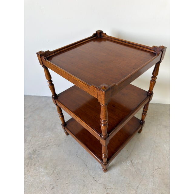 Vintage English Three Tier Side Table With Gallery Top For Sale - Image 9 of 13