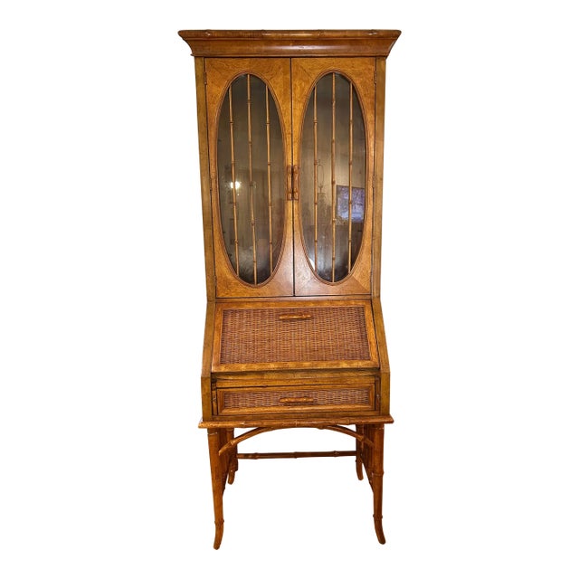 1970’s American of Martinsville Faux Bamboo Chinoiserie Palm Beach Secretary Desk With Display Cabinet For Sale
