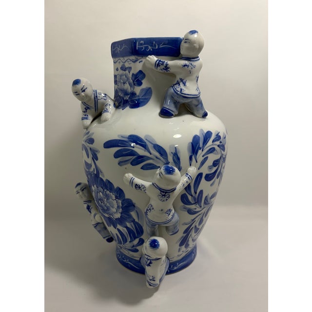 1970s Vintage Chinese Blue & White Fertility Boys Porcelain Vase For Sale - Image 5 of 7