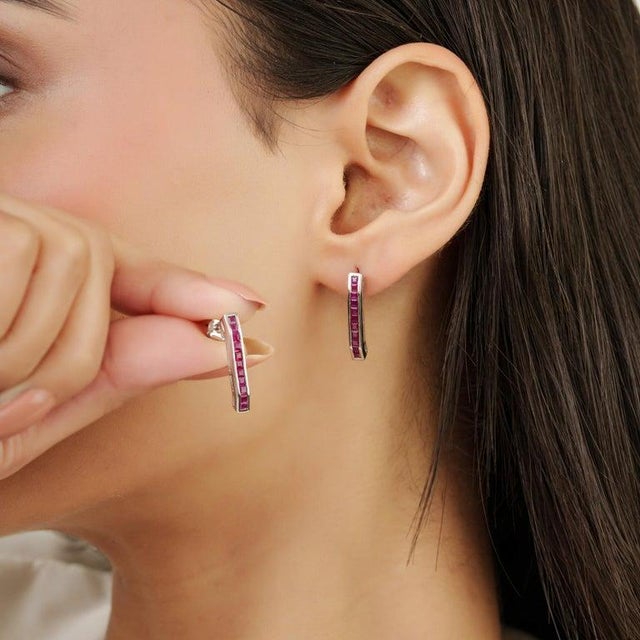 Red Natural Ruby Gemstone Bar Stud Earrings in 925 Silver- A Pair For Sale - Image 8 of 12