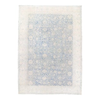 1930s Vintage Allover Floral Botanical Blue Beige Hand-Knotted Wool Rug - 12’9” X 15’8” For Sale