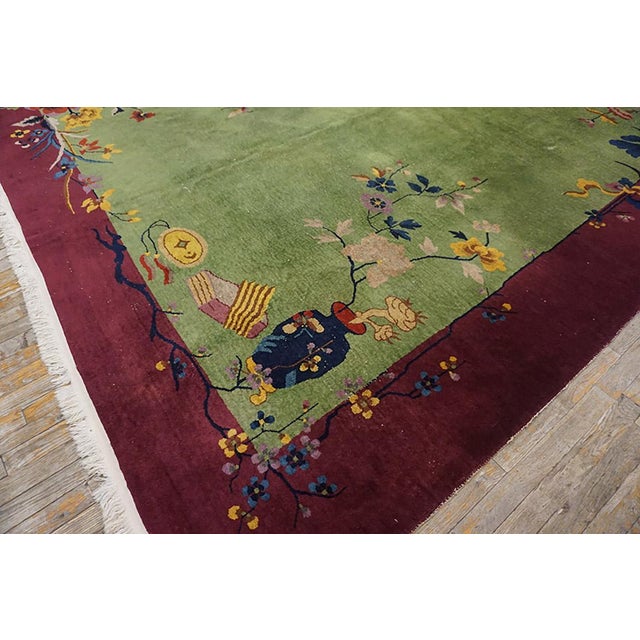 Early 20th Century 1920s Green Floral Modern Antique Chinese Art Deco Carpet 9' X 11'6" Handknotted Wool Rug For Sale - Image 5 of 7