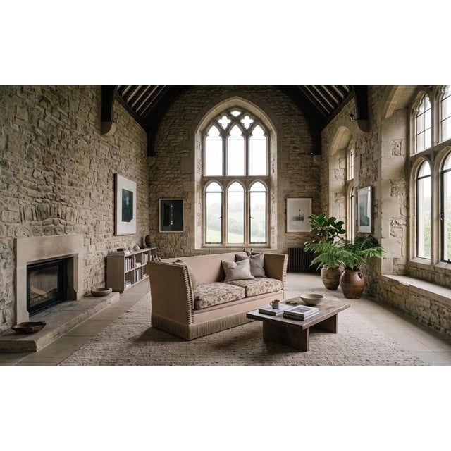 A beautiful example of the traditional Knole sofa, featuring beige velvet upholstery and floral-patterned, reversible...