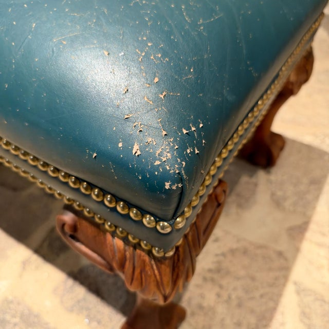 Teal Chippendale or Georgian Style Vintage Leather Footstool Antique For Sale - Image 8 of 12