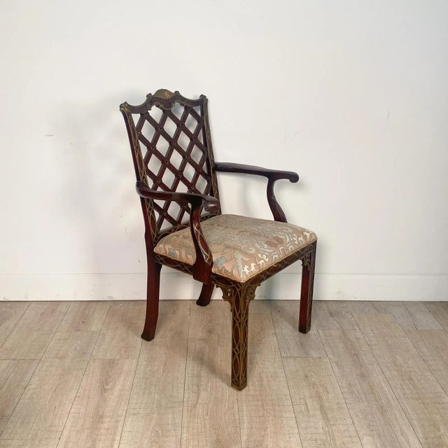 Wood Pair of Matching Chinese Chippendale Armchairs With Blind Fretwork and Gilt Highlights For Sale - Image 7 of 10