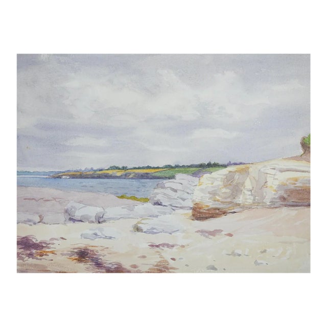 Early 20th Century French Plein Air Rocky Beach Watercolor Painting For Sale