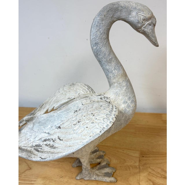 Pair 20th C. Zinc Alloy Swan Garden Sculptures Good Scale & Weathered Surface For Sale - Image 9 of 18