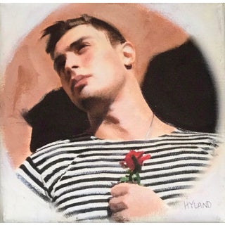 For Every Petal, a Thorn by John Hyland | Oil and Pencil on Canvas Portrait of a Man Holding a Rose For Sale