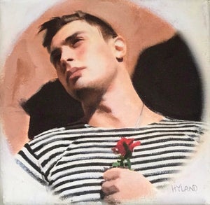 For Every Petal, a Thorn by John Hyland | Oil and Pencil on Canvas Portrait of a Man Holding a Rose