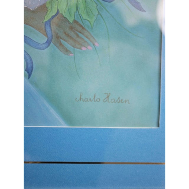 Pastel painting. Very decorative painting with the theme of a woman and a bird at dusk. Gilded frame, passepartout and...