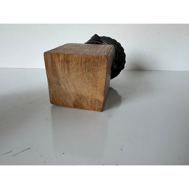 1970’s Vintage Cast Bronze Buddha Head Sculpture on Wood Stand For Sale - Image 11 of 11