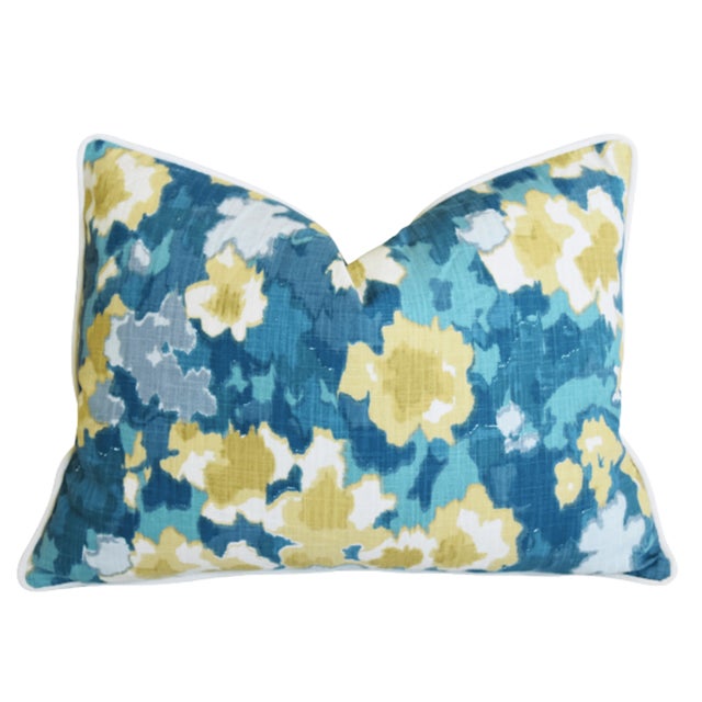 Designer Madcap Cottage Blue & Gold Floral Feather/Down Pillow 24" X 18" For Sale - Image 4 of 6