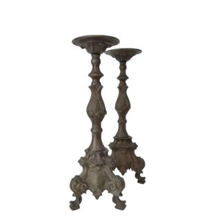Vintage Bronze Altar Style Candle Holder ~ a Pair For Sale
