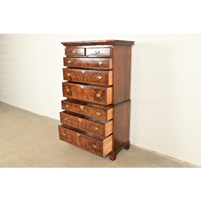 18th Century 18th Century Antique English Chippendale Burled Walnut Highboy Dresser For Sale - Image 5 of 15