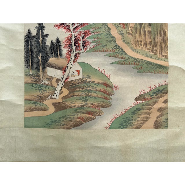 Vintage Chinese Color Ink Brush Scenery Scroll Painting Wall Art For Sale - Image 4 of 6
