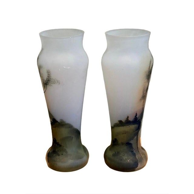 Glass Pair of Early 20th Century Frosted Glass Vases With Hand-Painted Landscapes For Sale - Image 7 of 12