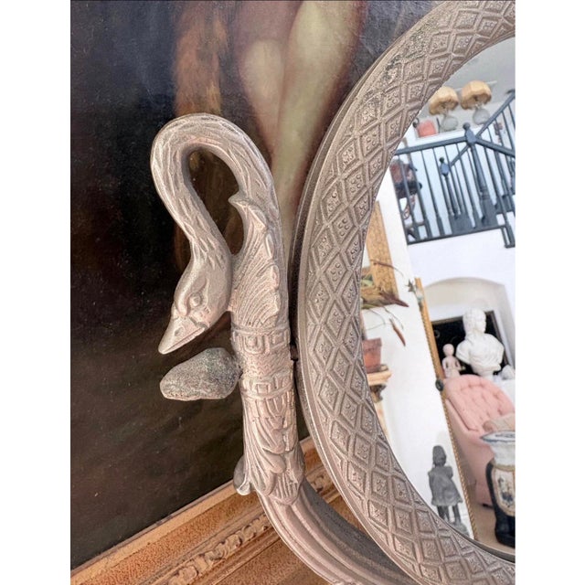Hollywood Regency Vintage Hollywood Regency Silver-Tone Cast Metal Swan Vanity Mirror For Sale - Image 3 of 6
