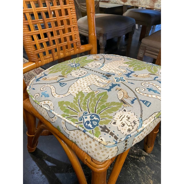 Set of 4 Vintage Rattan Dining Chairs Newly Upholstered in "Happy Jaguar" Fabric For Sale - Image 4 of 7