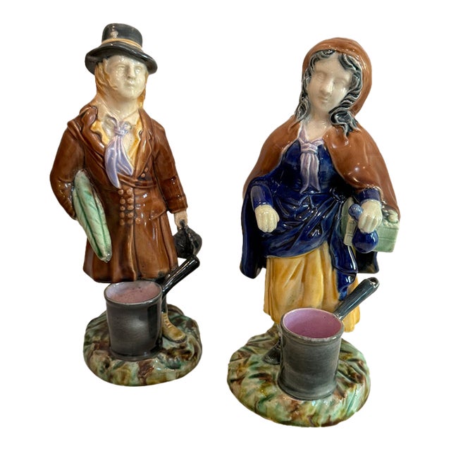 Antique Continental Majolica Figural Match Holders Pair 8 Inch Strikers Vases For Sale