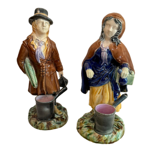 Antique Continental Majolica Figural Match Holders Pair 8 Inch Strikers Vases