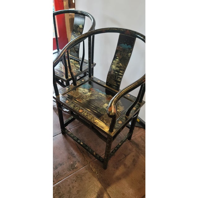 Chinese Horseshoe Chairs Black Lacquer Hand Painted Pair For Sale - Image 13 of 13