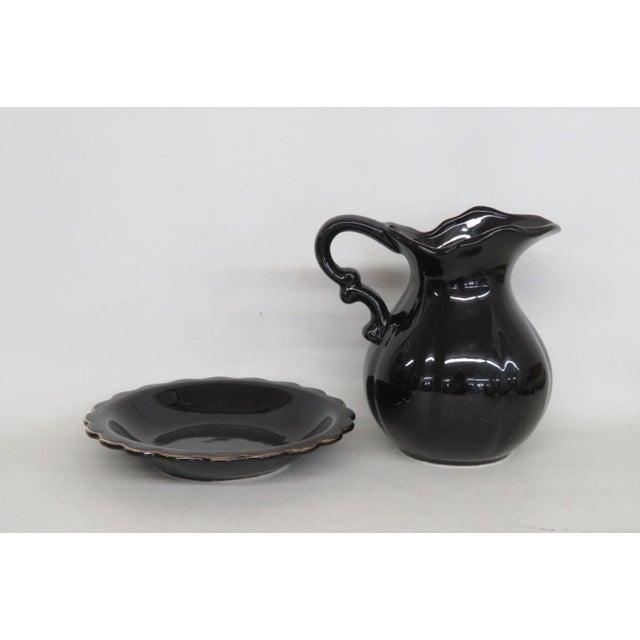 Traditional Ceramic Pitcher With Matching Underplate 2pc Set Black With Gold Gilt Trim 5029b For Sale - Image 3 of 12