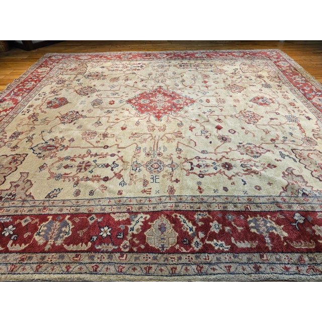 Antique Turkish Oushak Rug, Hand-Knotted Wool, Allover Geometric Pattern, Tan & Red, 14' X 15' For Sale - Image 4 of 18
