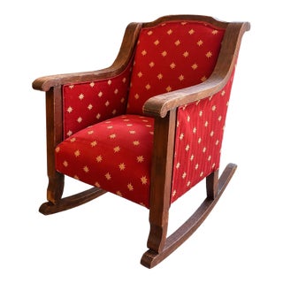 Vintage Traditional Wooden Rocking Chair With Red & Gold Star Upholstery For Sale
