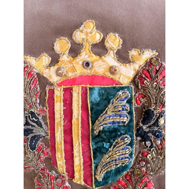 Burnt Orange Pair of Velvet Pillows With 19th Century Metallic & Silk Embroidered Crests For Sale - Image 8 of 11